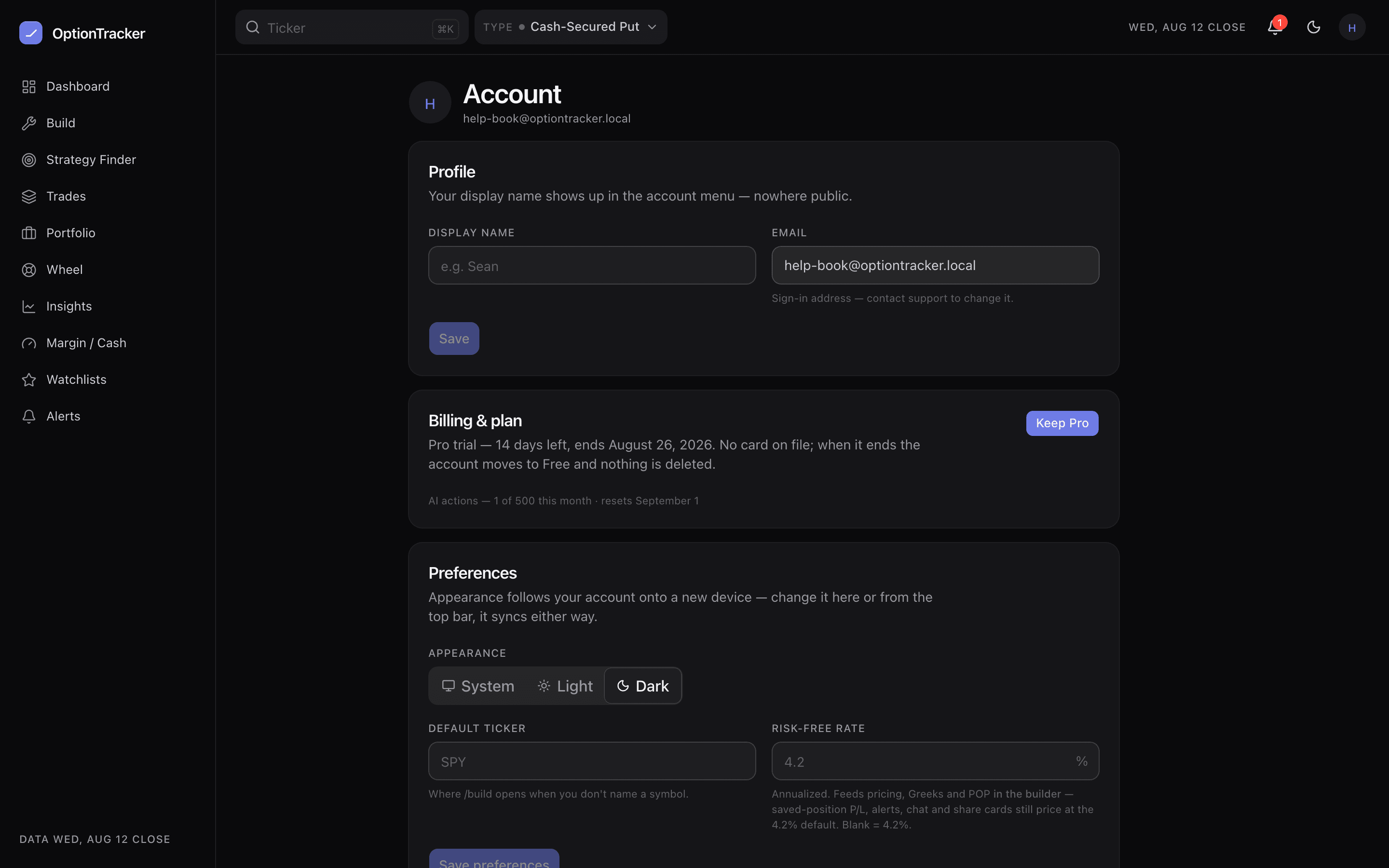 The account page showing profile, billing, daily digest and import sections