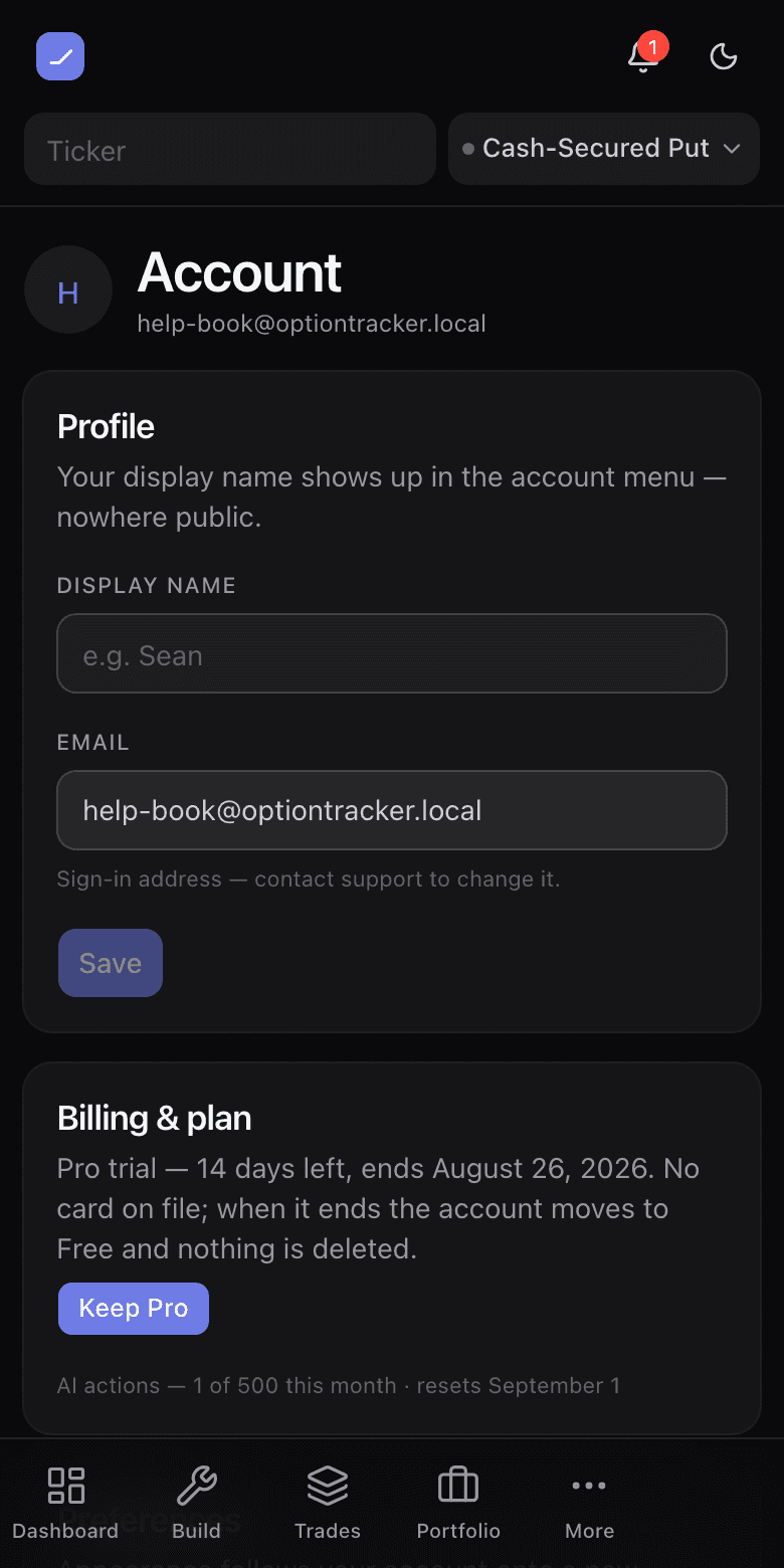 The account page showing profile, billing, daily digest and import sections