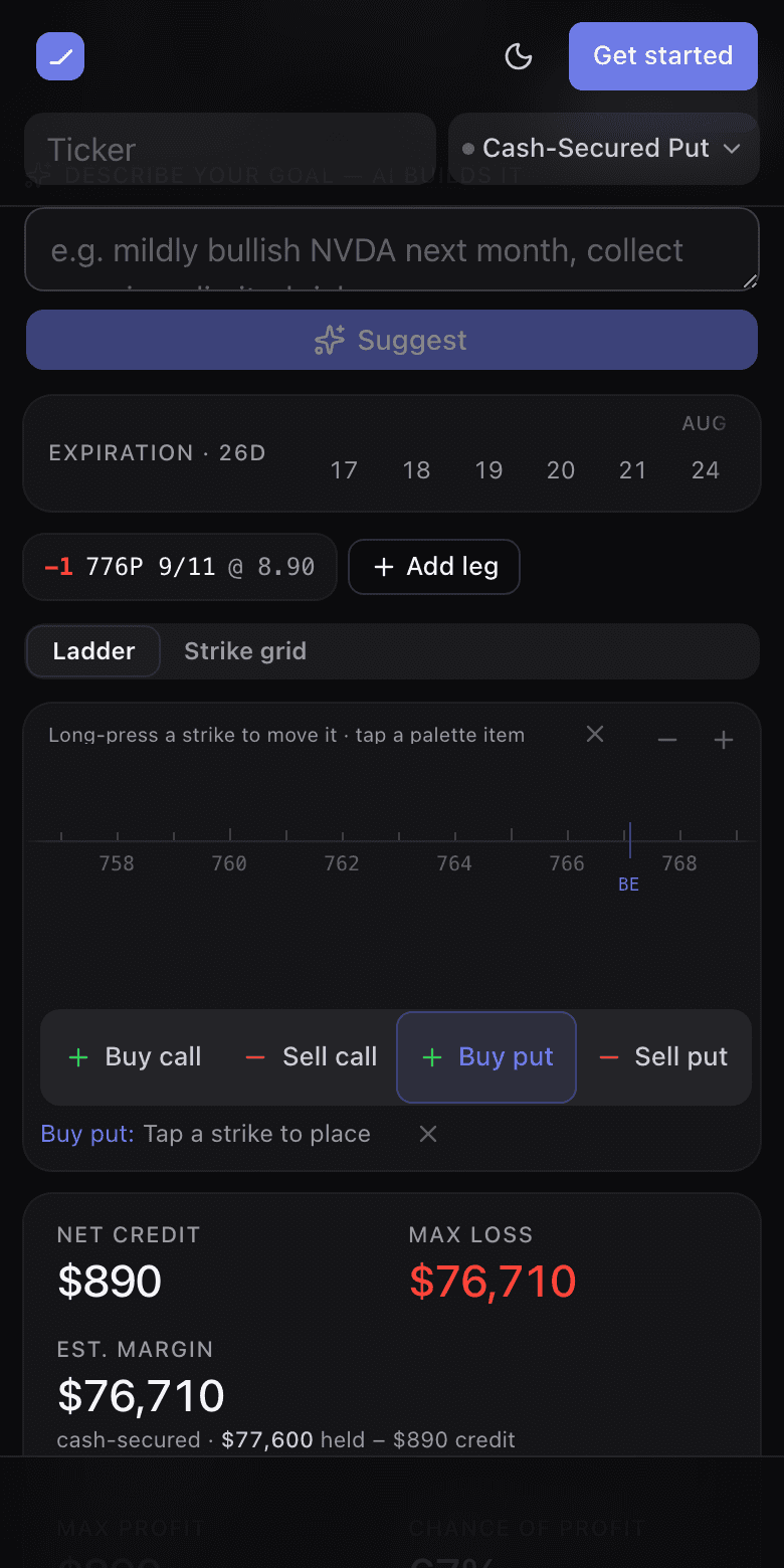 The leg palette below the strike ladder with Buy put armed and the hint reading Click a strike to place, Esc cancels