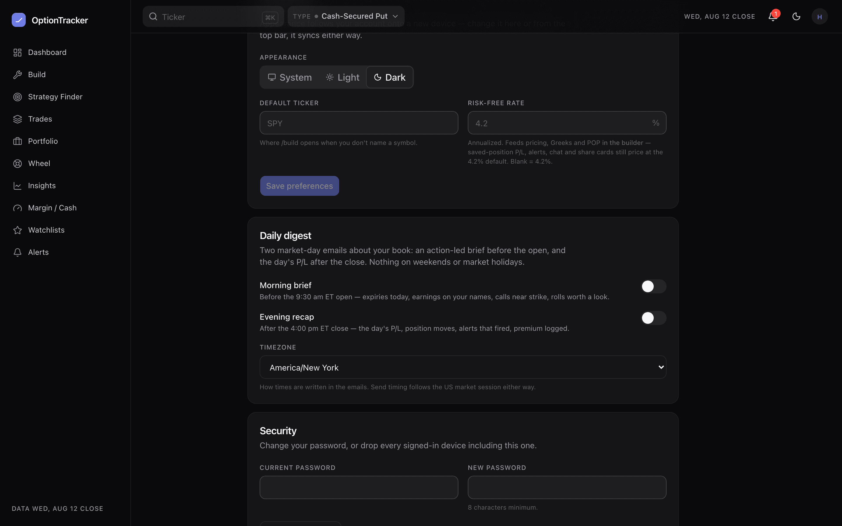The daily digest card in account settings with separate morning and evening toggles and a timezone picker