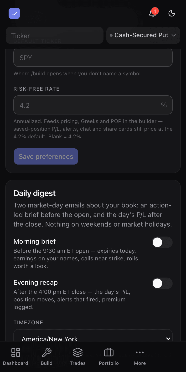 The daily digest card in account settings with separate morning and evening toggles and a timezone picker
