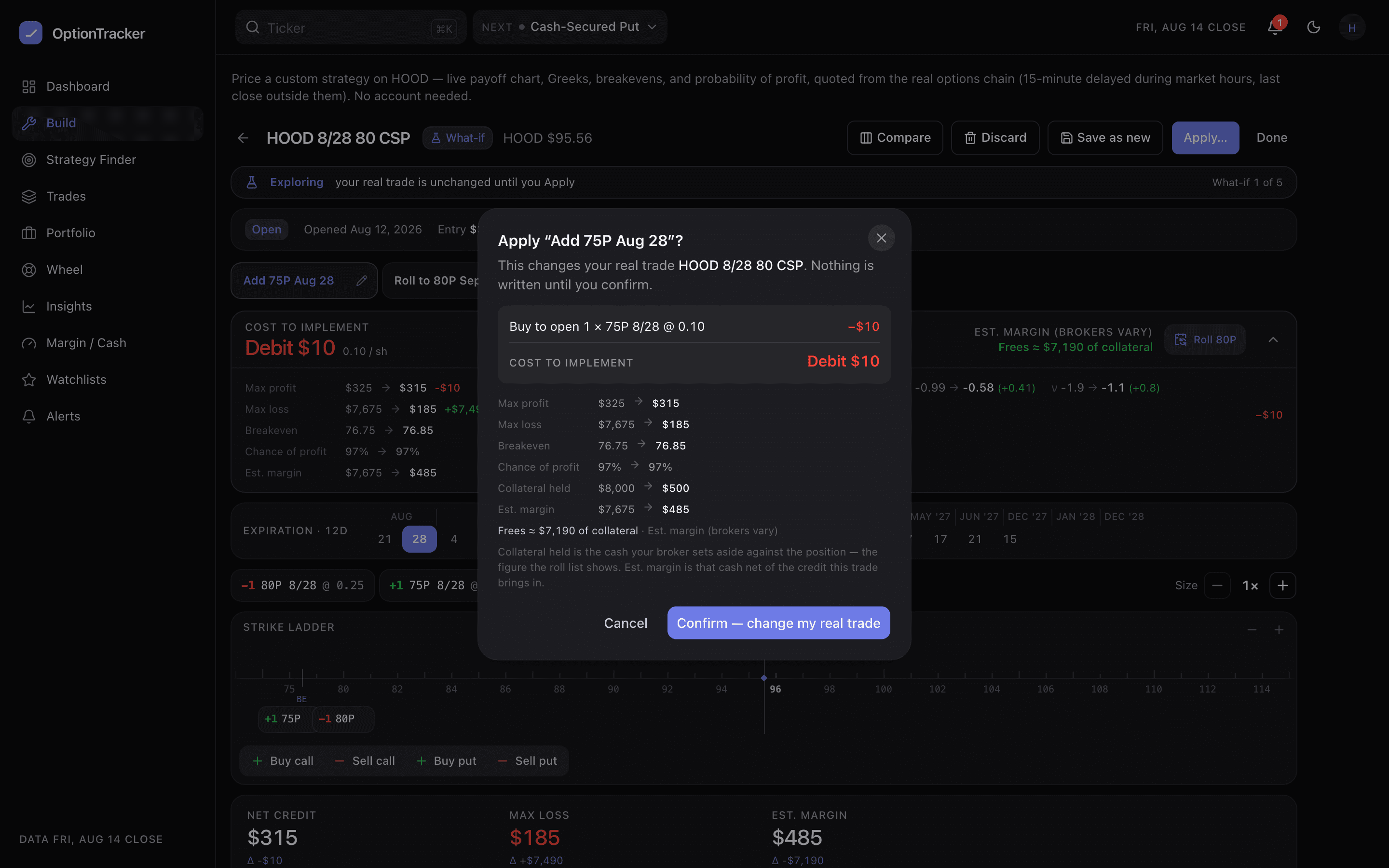 The Apply confirm dialog listing the trades, the cost to implement, before and after figures including collateral held and est. margin, and a Confirm change my real trade button
