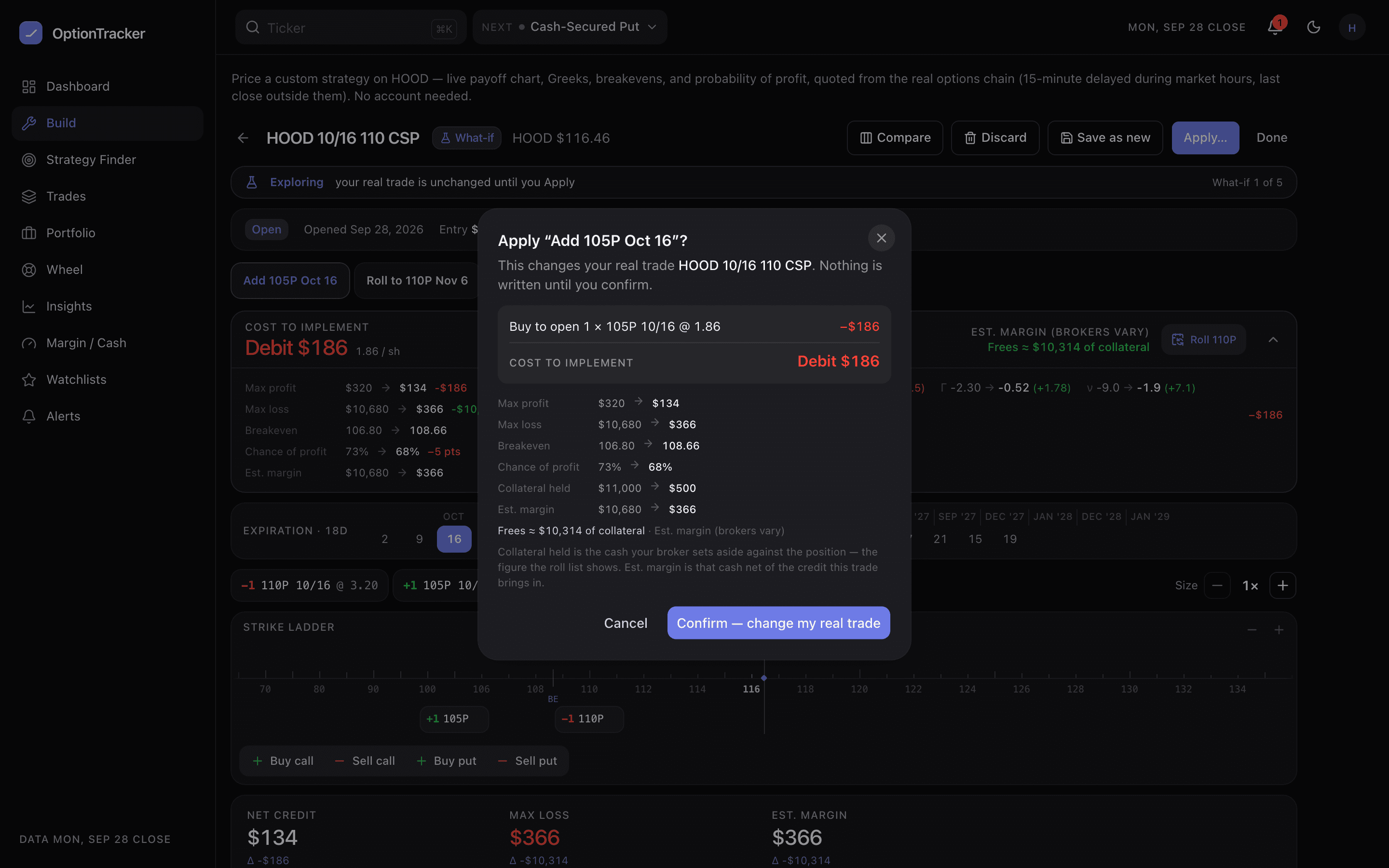 The Apply confirm dialog listing the trades, the cost to implement, before and after figures including collateral held and est. margin, and a Confirm change my real trade button