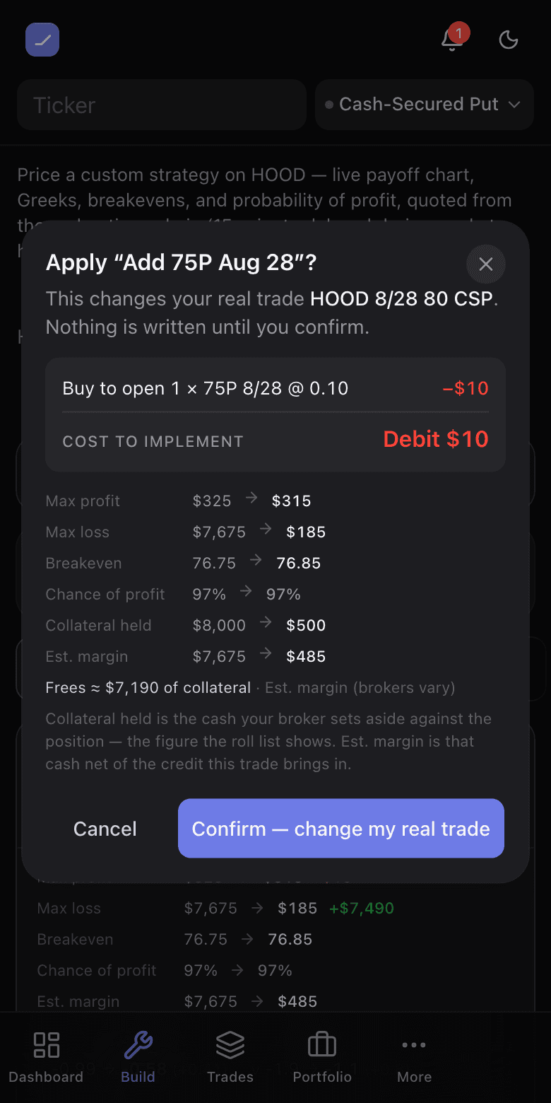 The Apply confirm dialog listing the trades, the cost to implement, before and after figures including collateral held and est. margin, and a Confirm change my real trade button