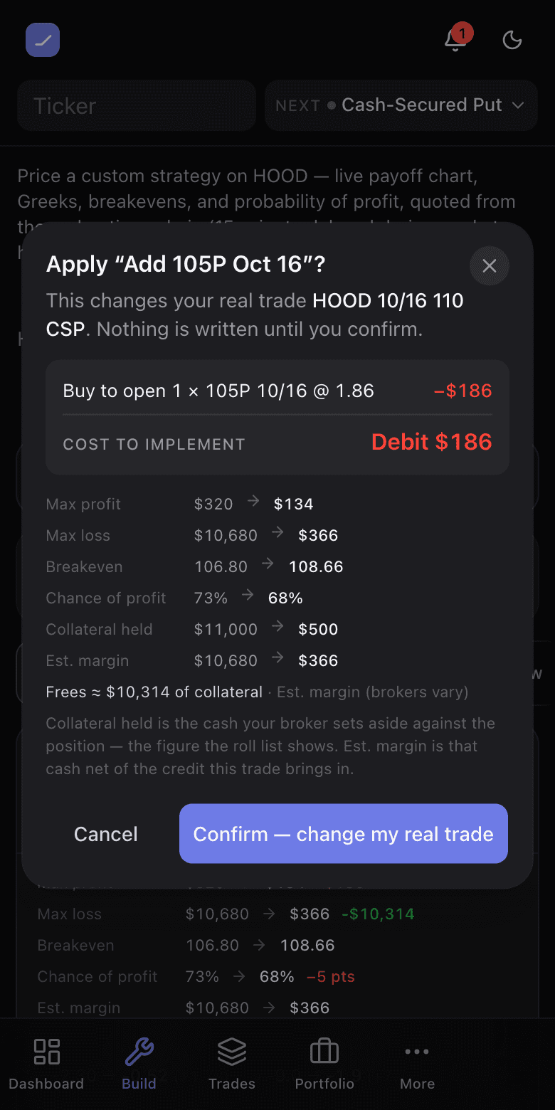 The Apply confirm dialog listing the trades, the cost to implement, before and after figures including collateral held and est. margin, and a Confirm change my real trade button
