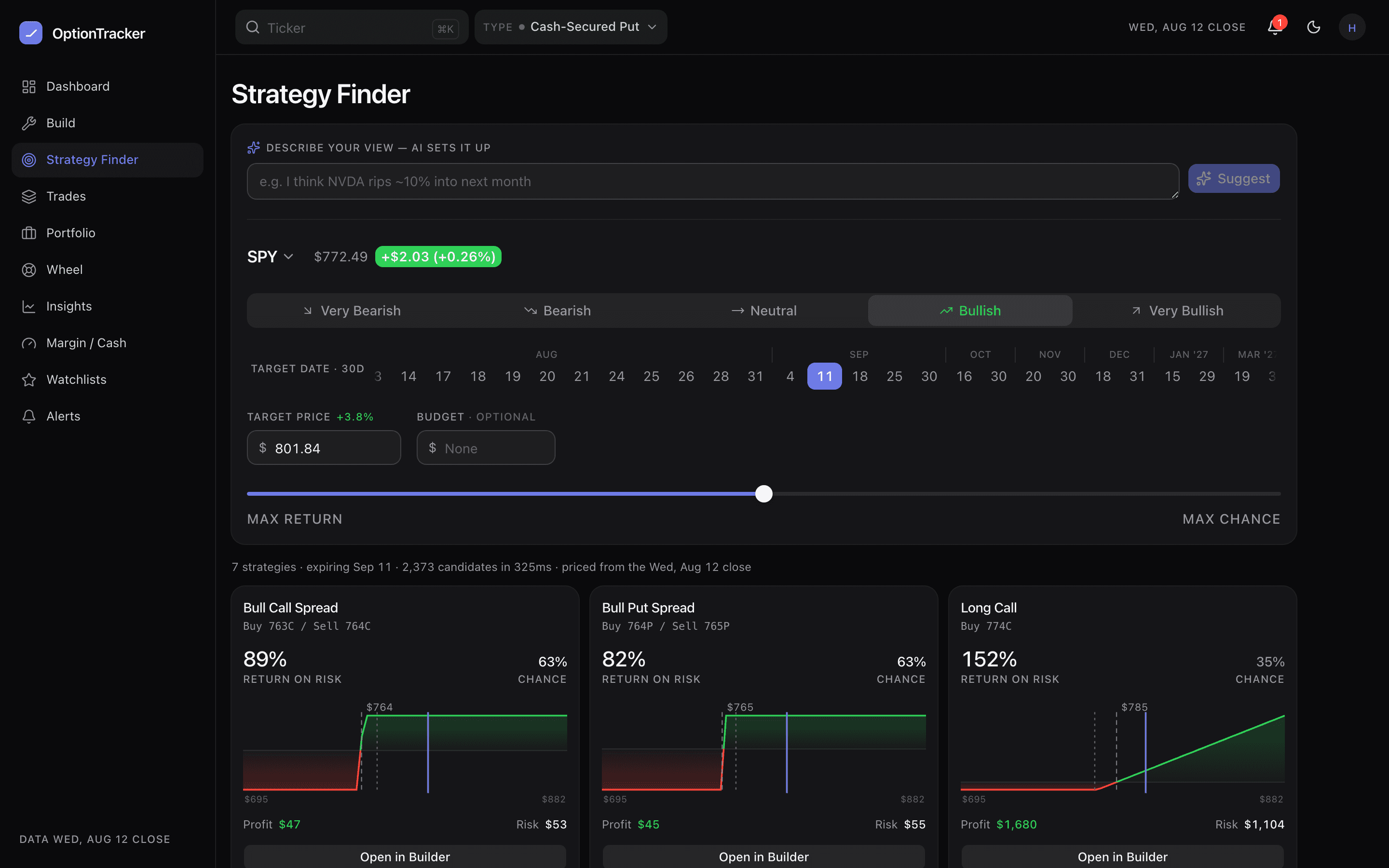The Strategy Finder showing a sentiment selector, target price and date, and a ranked list of candidate strategies