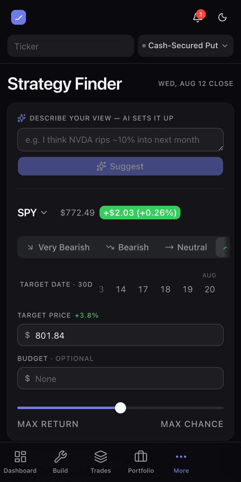 The Strategy Finder showing a sentiment selector, target price and date, and a ranked list of candidate strategies