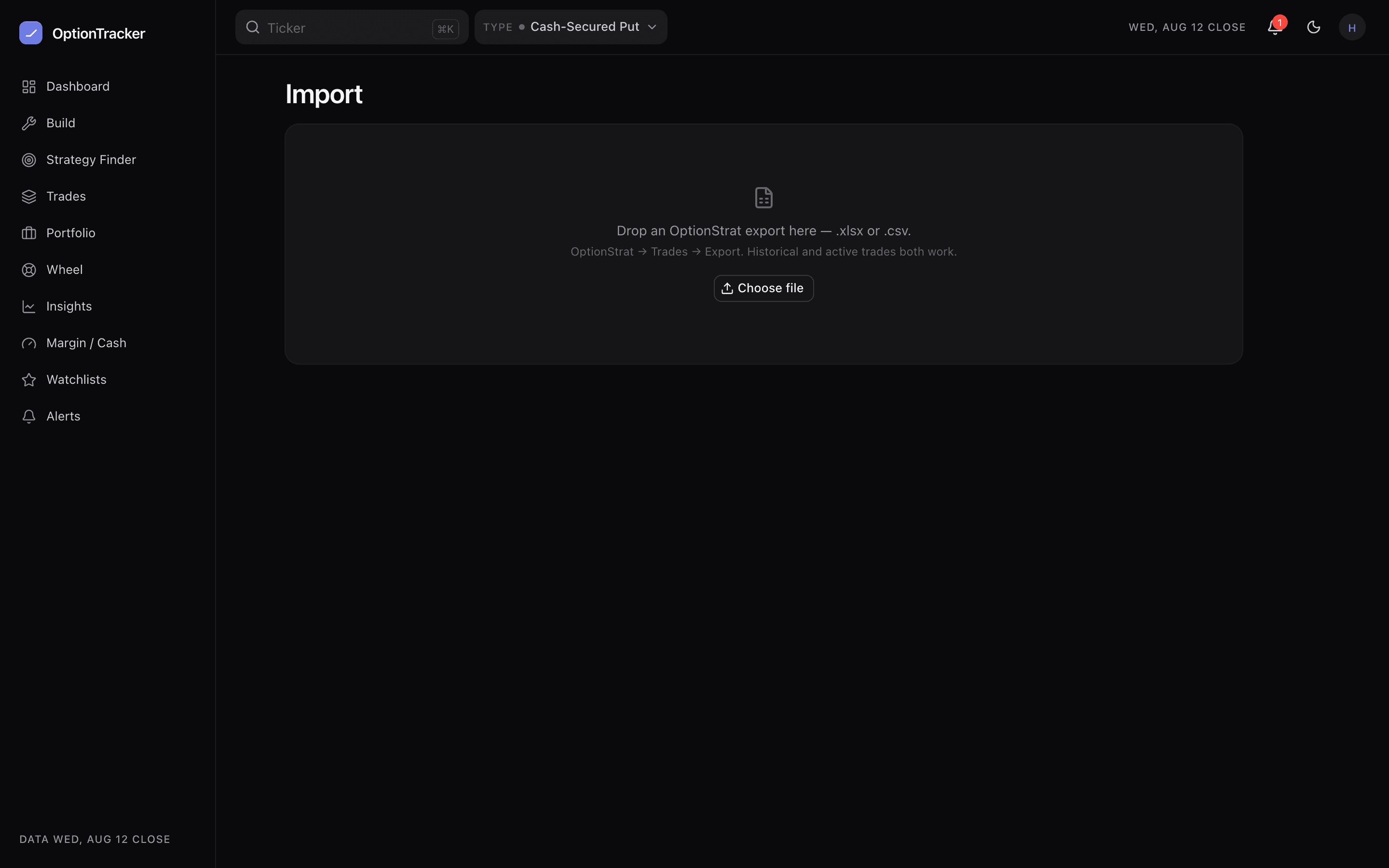 The import page with the file drop zone and the screenshot path side by side
