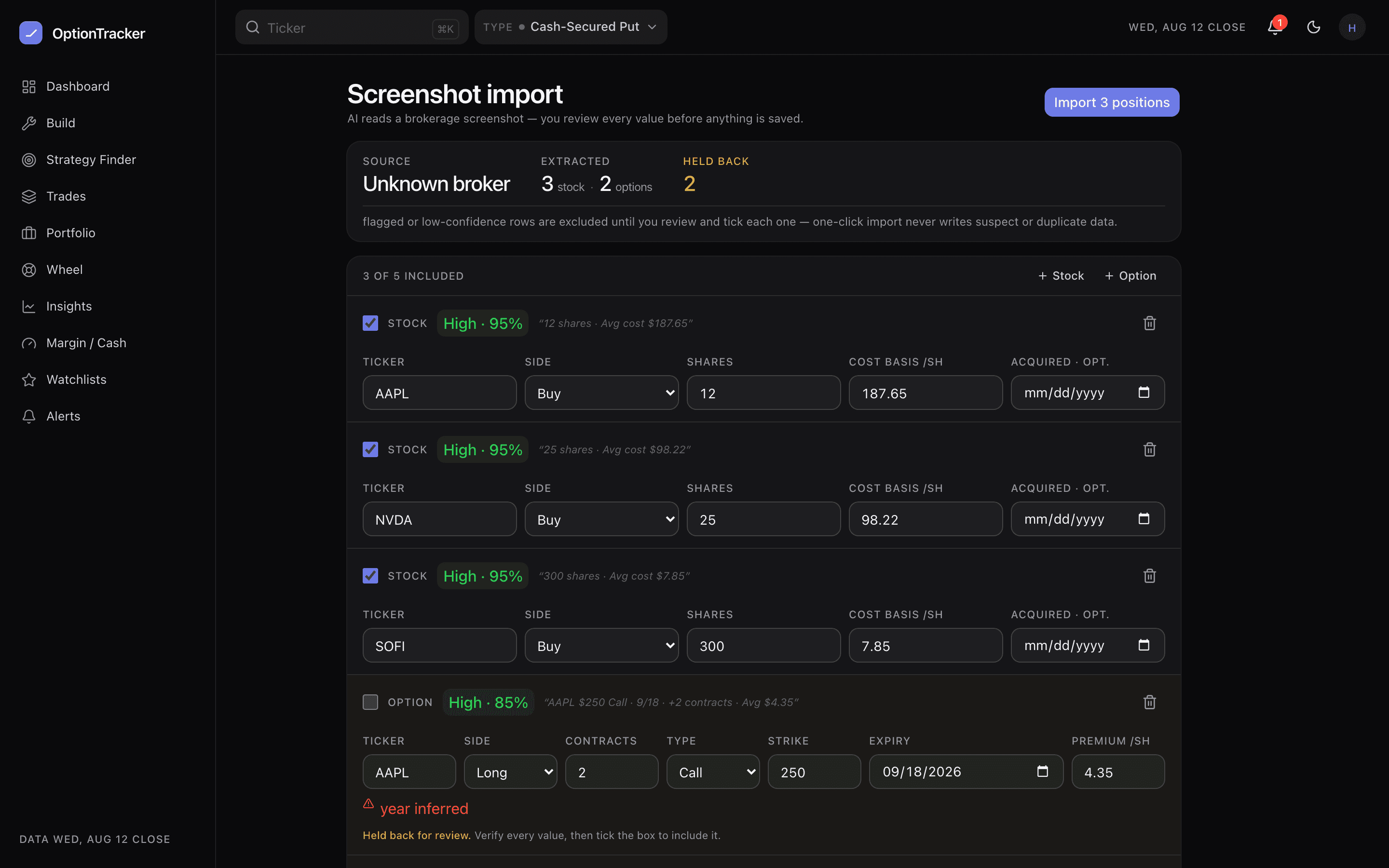 The screenshot import flow showing an uploaded brokerage image parsed into a preview of positions