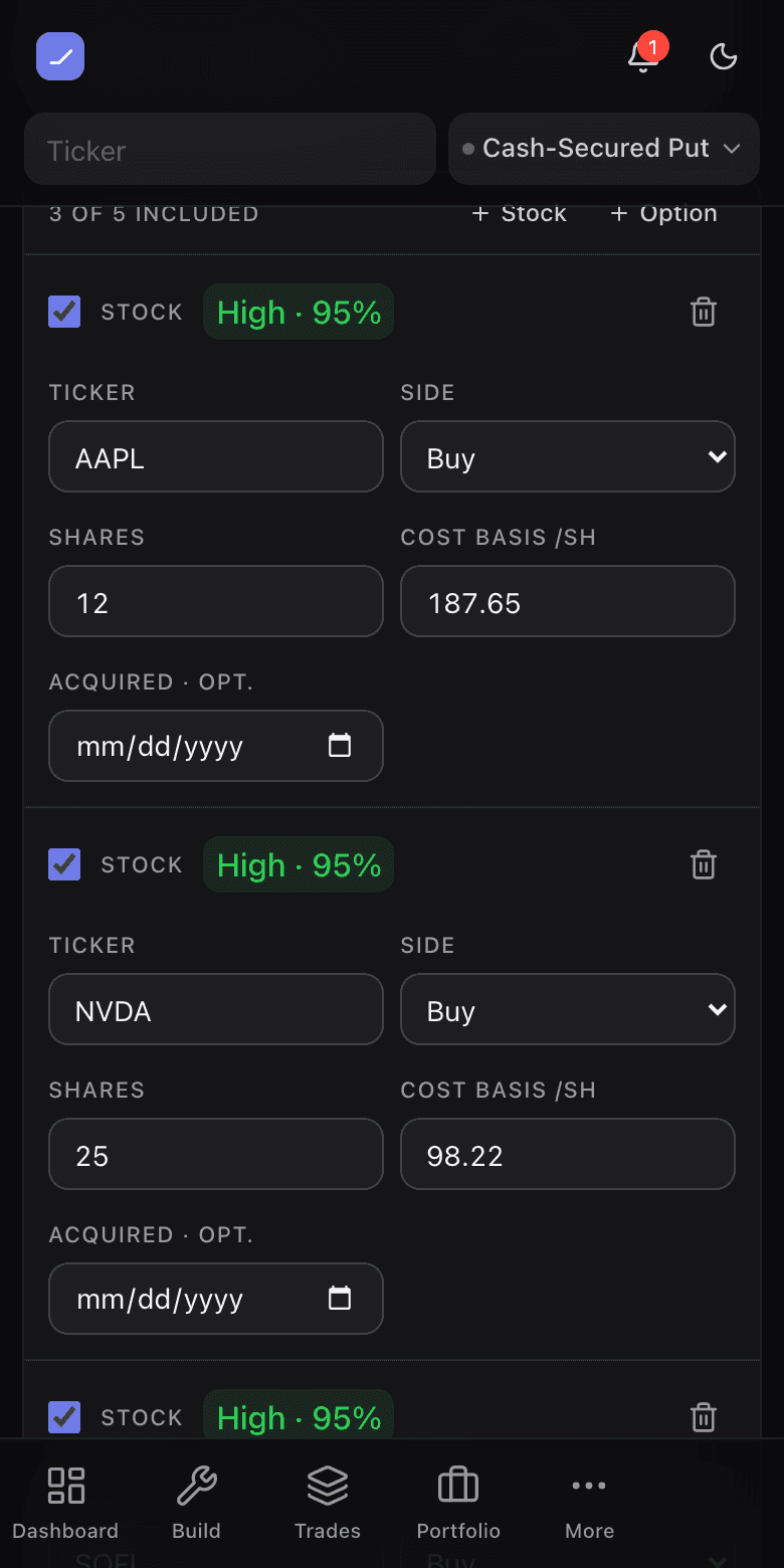 The screenshot import flow showing an uploaded brokerage image parsed into a preview of positions