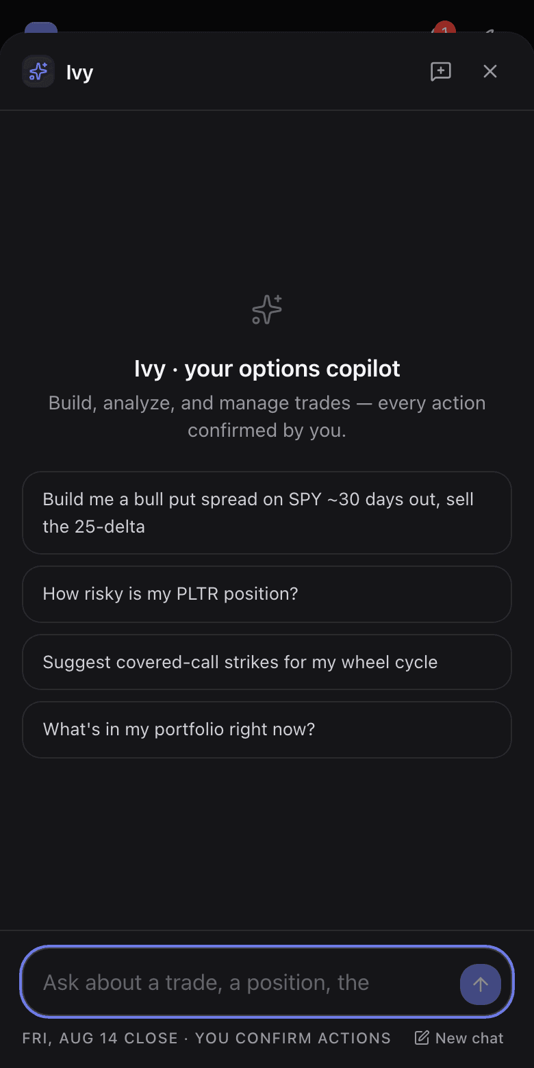 The Ivy copilot panel open over the app, showing the assistant with example prompts
