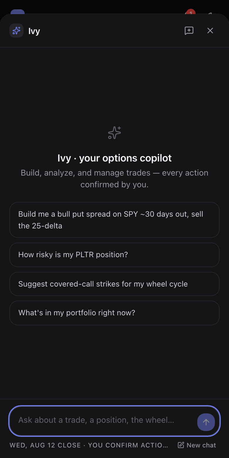 The Ivy copilot panel open over the app, showing the assistant with example prompts