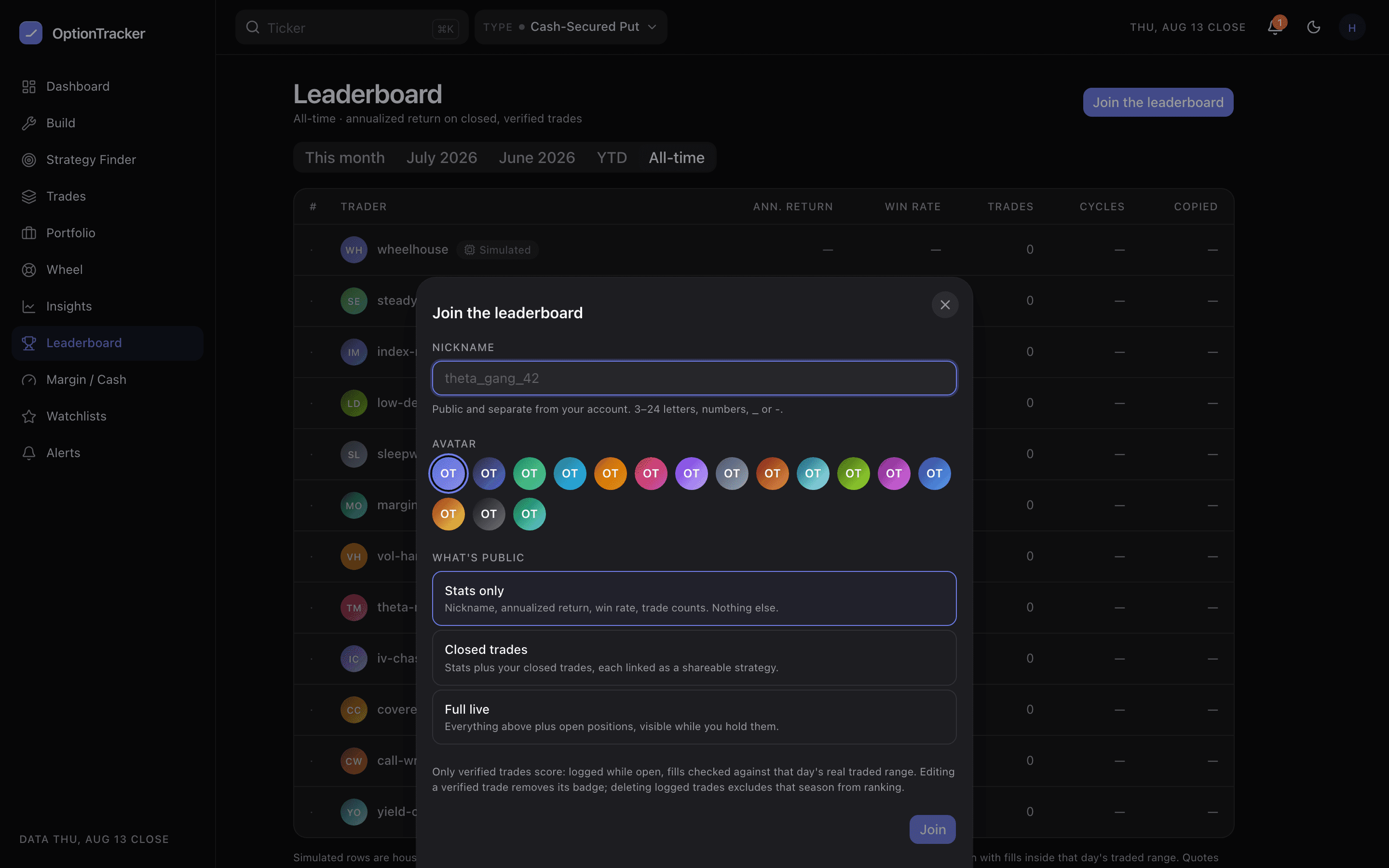 The join-the-leaderboard sheet with nickname, avatar palette, and three privacy tiers: stats only, closed trades, full live