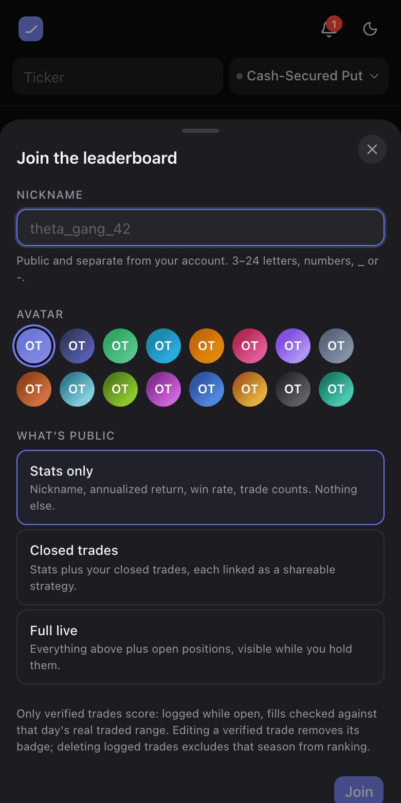 The join-the-leaderboard sheet with nickname, avatar palette, and three privacy tiers: stats only, closed trades, full live
