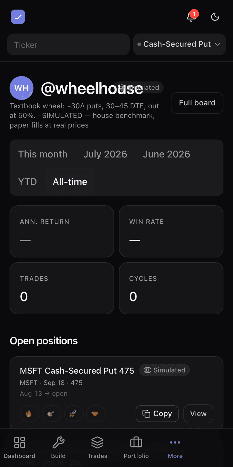 A Simulated house-bot profile showing open paper trades with Copy and View, no closed Verified rows yet