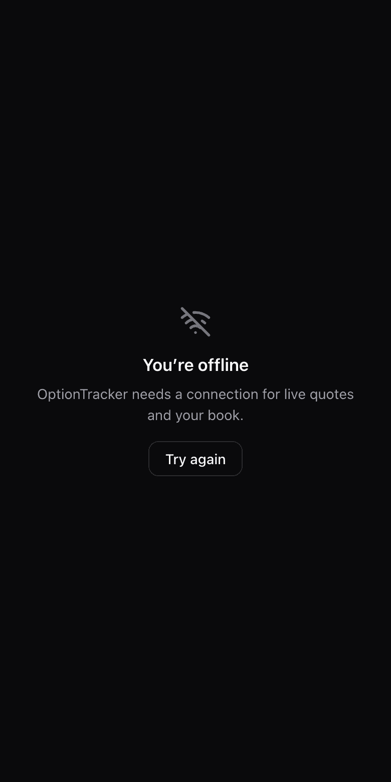The static offline screen: You're offline, with an explanation that live data is required and a Try again button