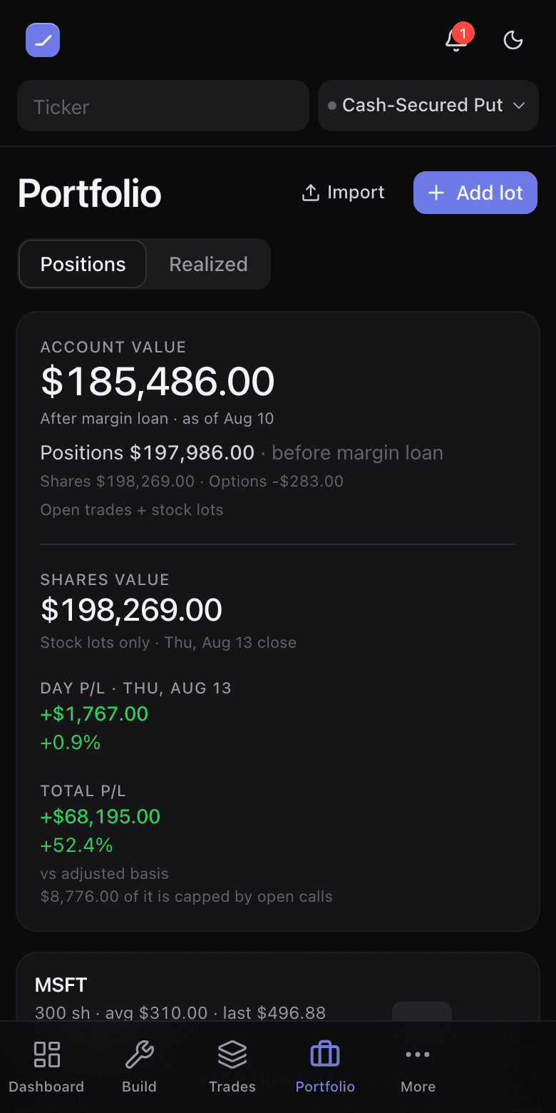 The portfolio page showing account value, the shares total, and positions broken into lots with cost basis, P/L and covered-share counts