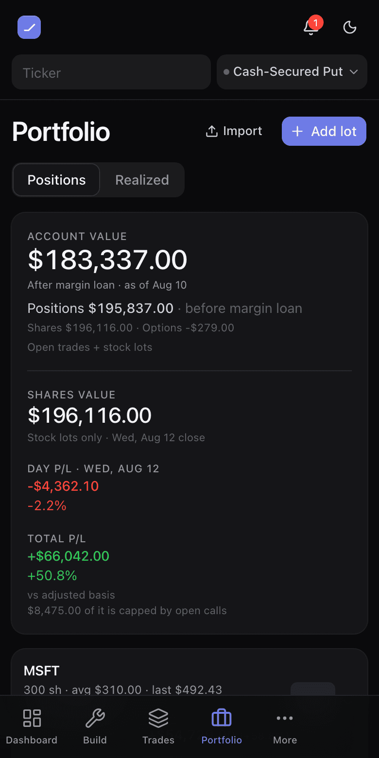 The portfolio page showing account value, the shares total, and positions broken into lots with cost basis, P/L and covered-share counts