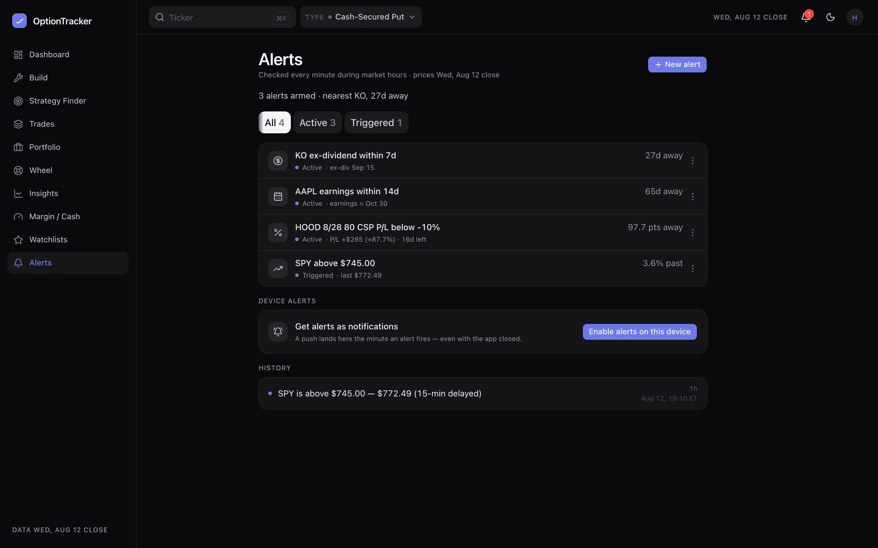 The Alerts page with the Device alerts card offering to enable notifications on this device