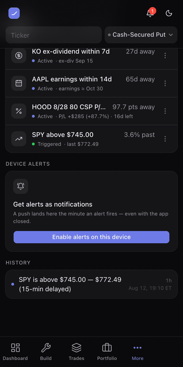 The Alerts page with the Device alerts card offering to enable notifications on this device