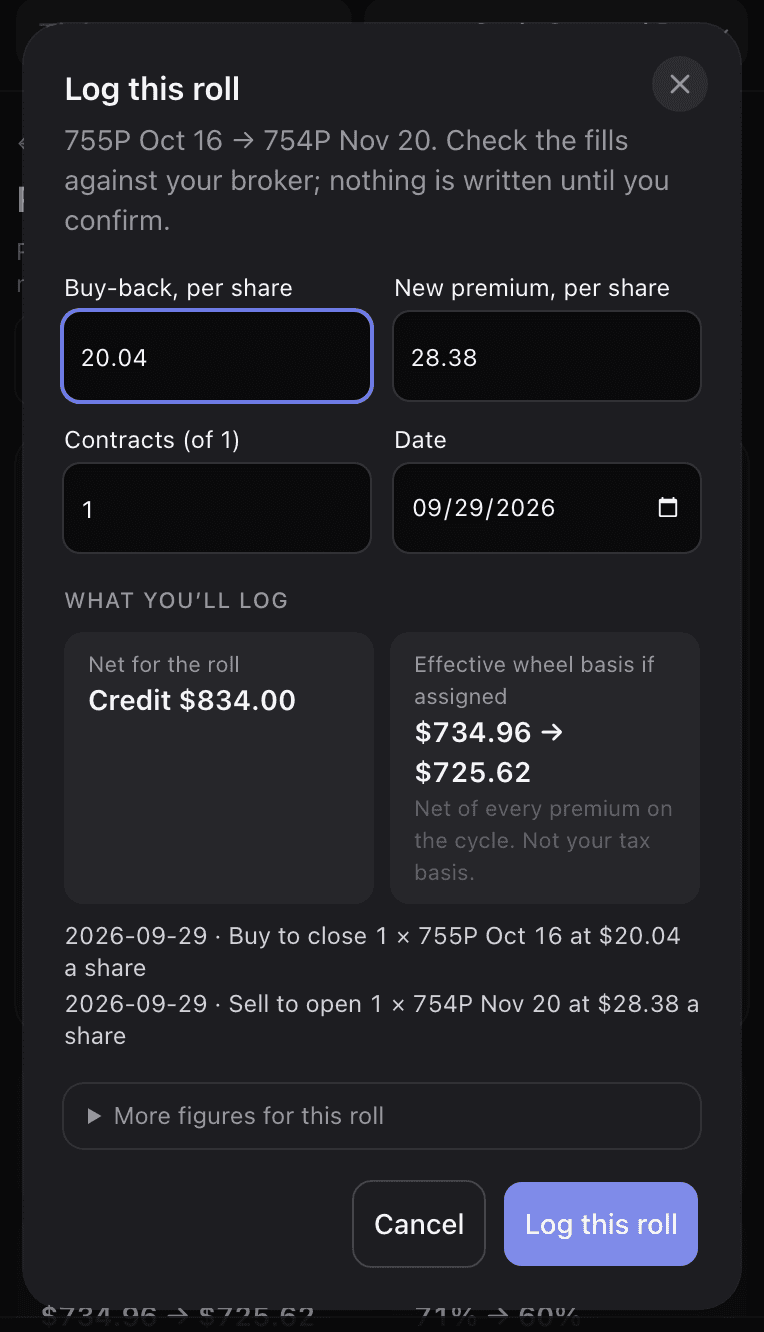 The Log this roll sheet: fields for the buy-back price, the new premium, the number of contracts and the date, a summary of the net and the effective wheel basis at those fills, the list of what will be written, and a confirm button