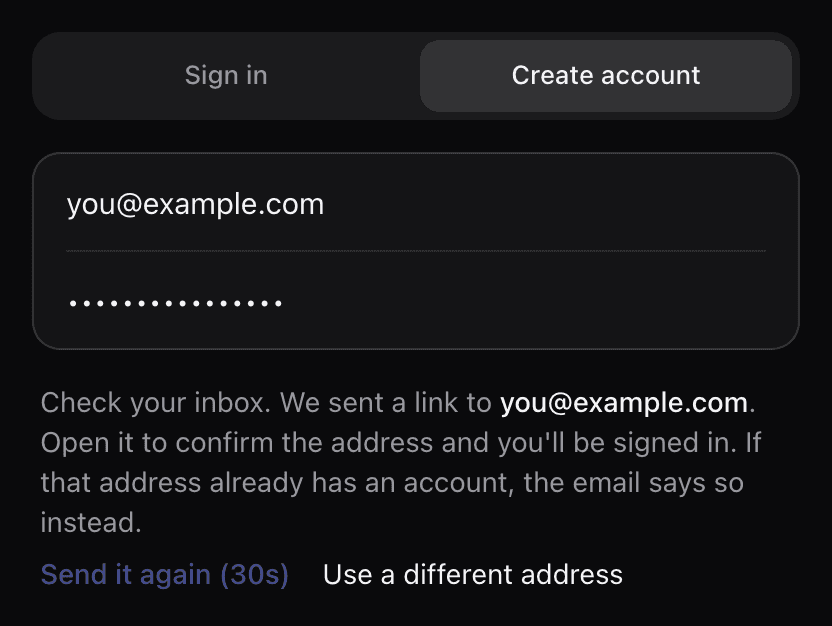 The Create account tab after submitting: a message saying check your inbox, a link was sent to the address, with Send it again and Use a different address below