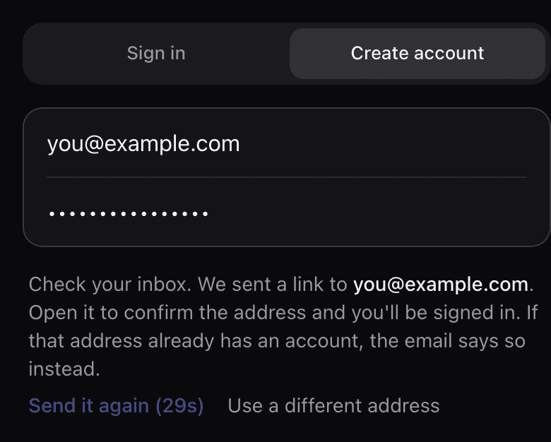 The Create account tab after submitting: a message saying check your inbox, a link was sent to the address, with Send it again and Use a different address below