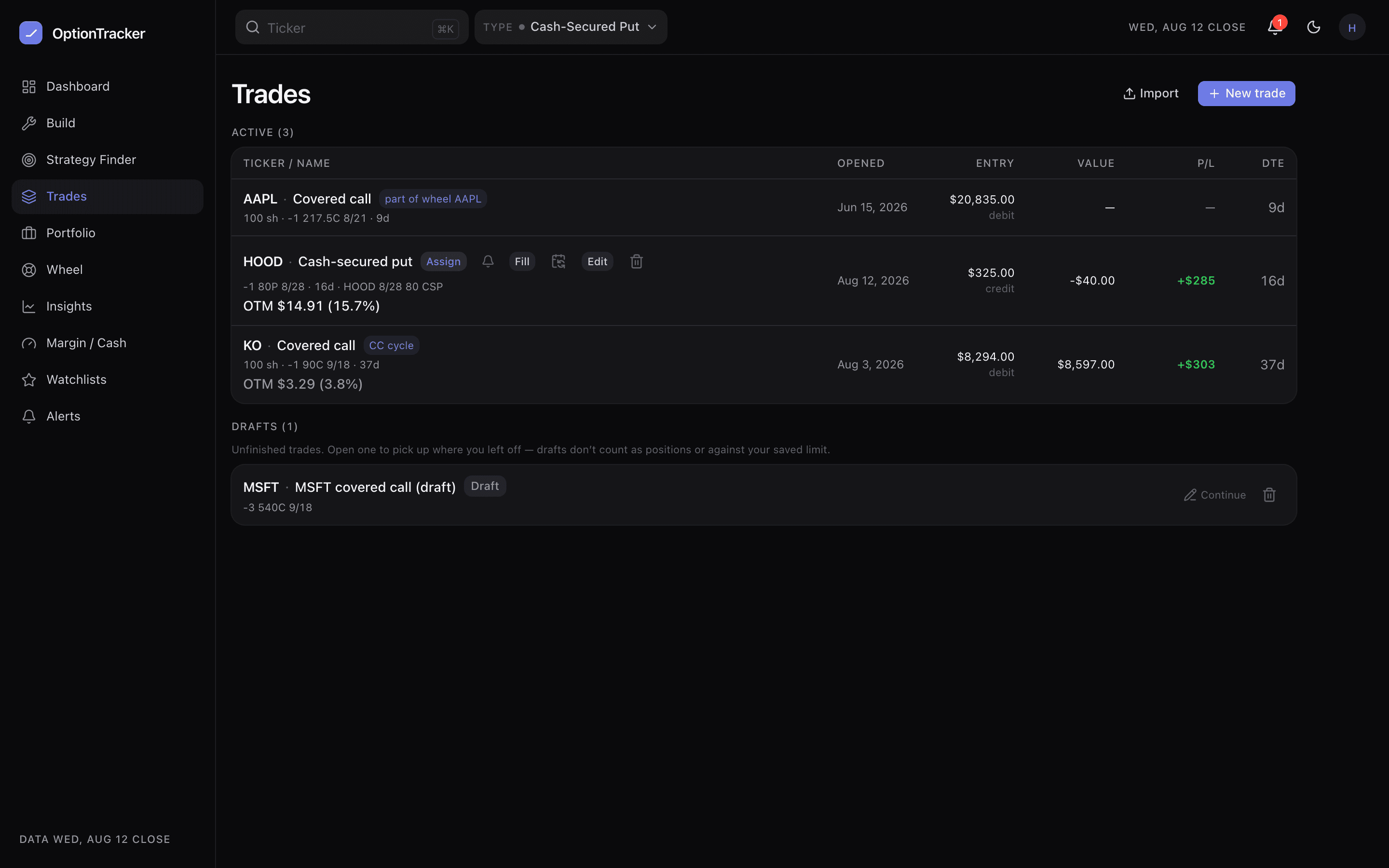 The Trades page listing open positions with live P/L, a draft row, and the archive section