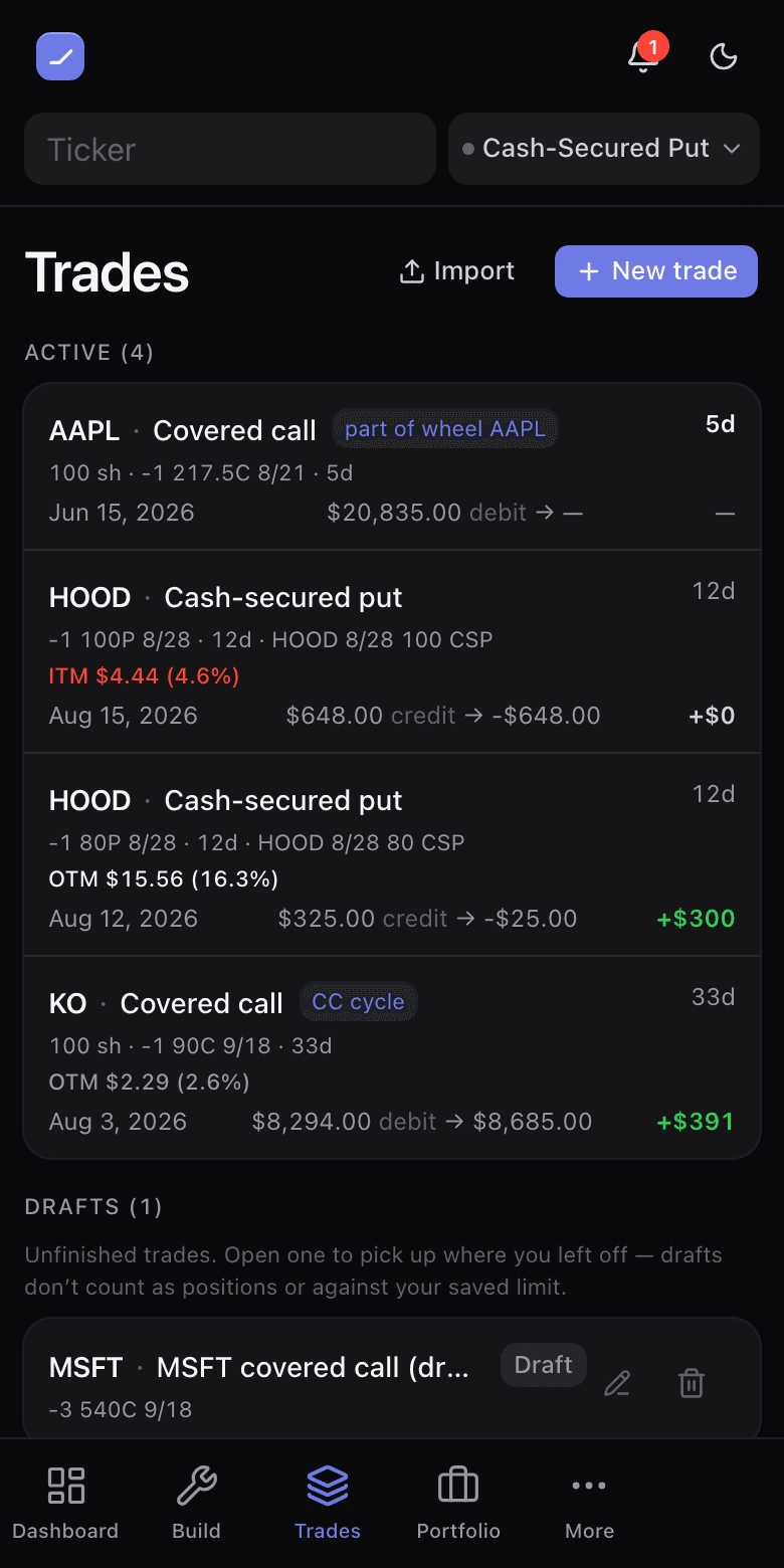 The Trades page listing active positions with entry, current value, P/L and days to expiry, above an unvalued draft row