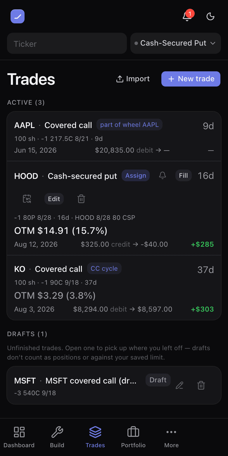 The Trades page listing open positions with live P/L, a draft row, and the archive section