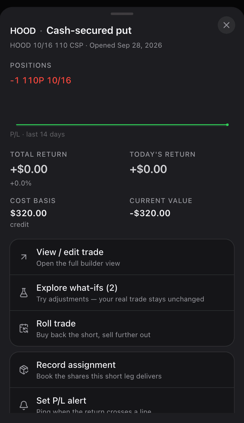 A trade row's phone action sheet, with an Explore what-ifs (2) row under View / edit trade