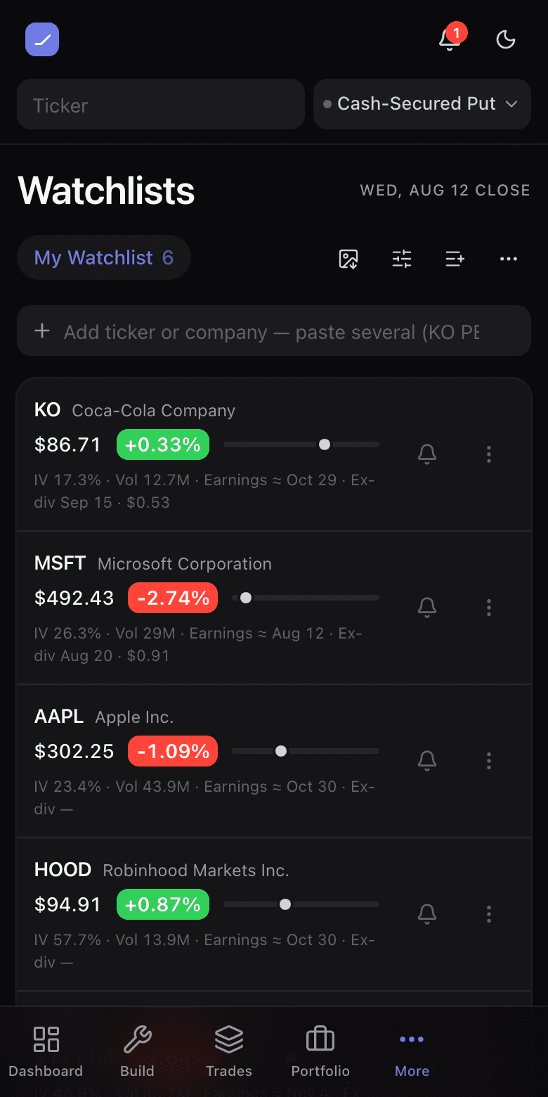 A watchlist with rows showing quote, day range bar, earnings and ex-dividend dates