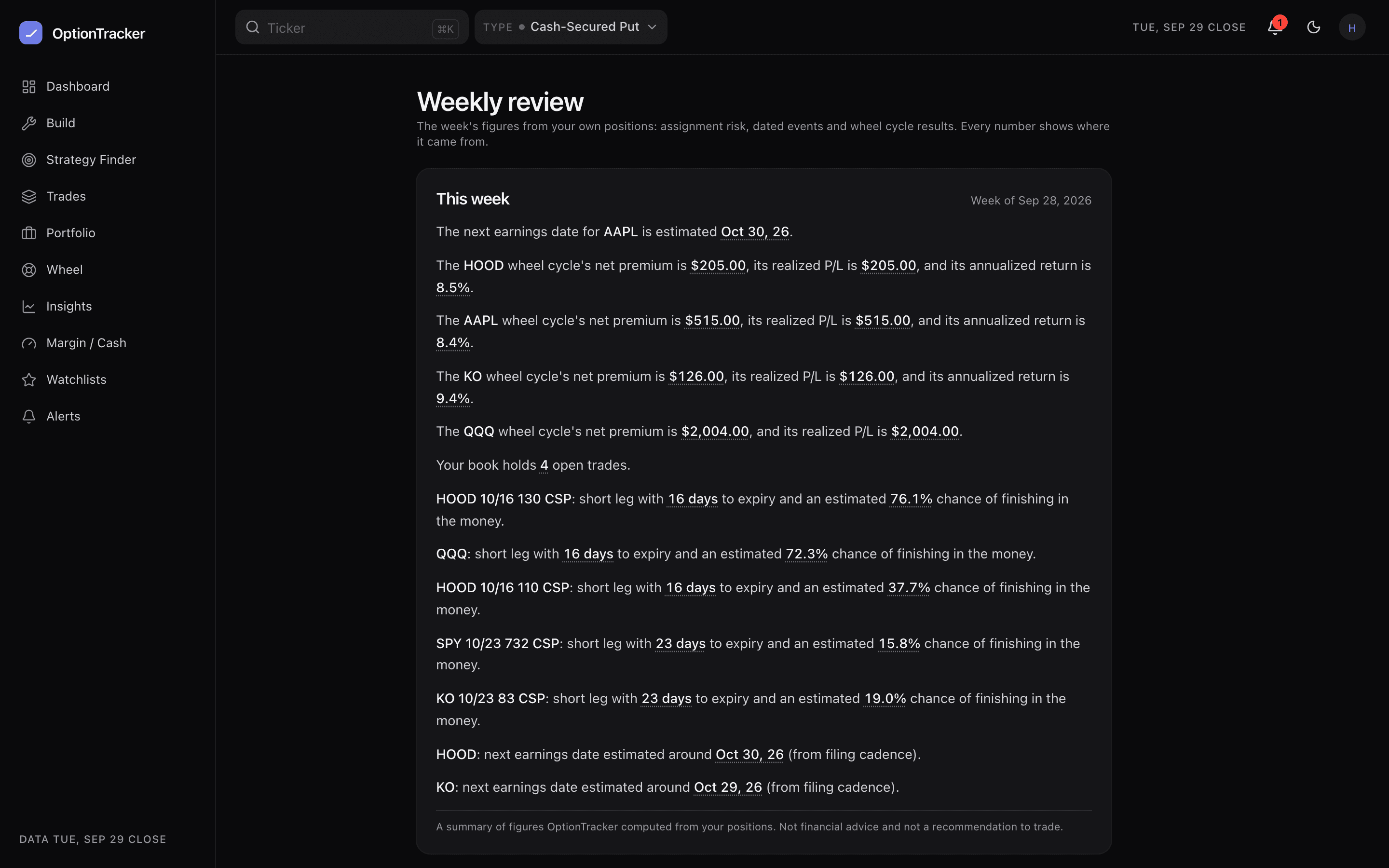 The Weekly review page: this week's summary as short sentences about each short leg, dated events and wheel cycles, with every number underlined, and the not-advice line underneath