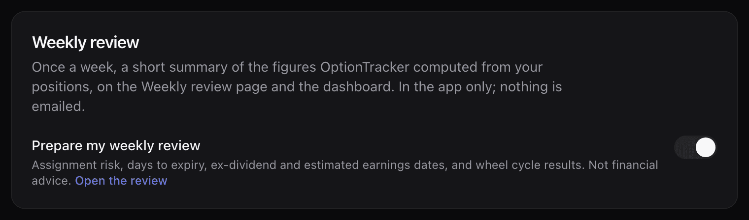 Account settings, the Weekly review section, with the Prepare my weekly review switch turned on