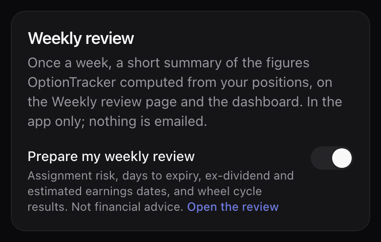 Account settings, the Weekly review section, with the Prepare my weekly review switch turned on