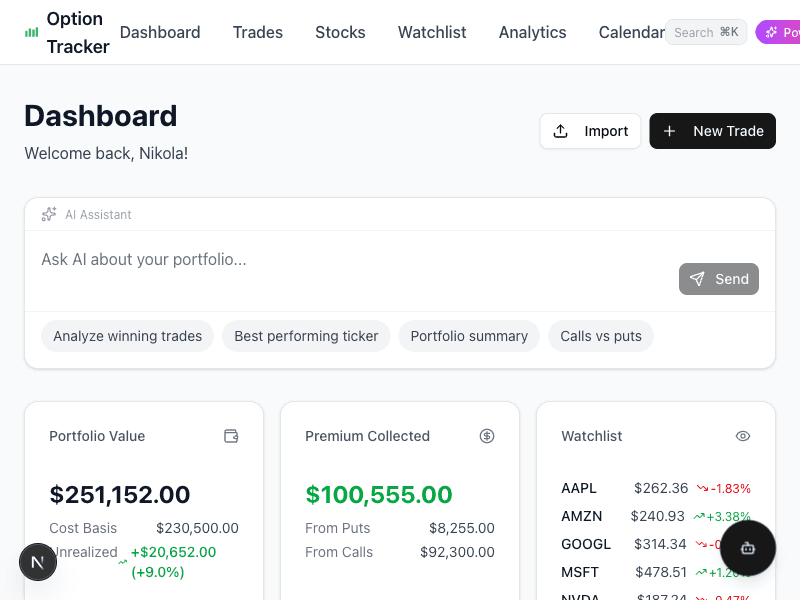 Dashboard showing imported trades with P&L tracking