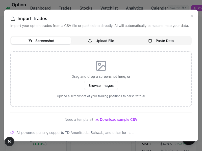 Import dialog showing screenshot upload with AI parsing