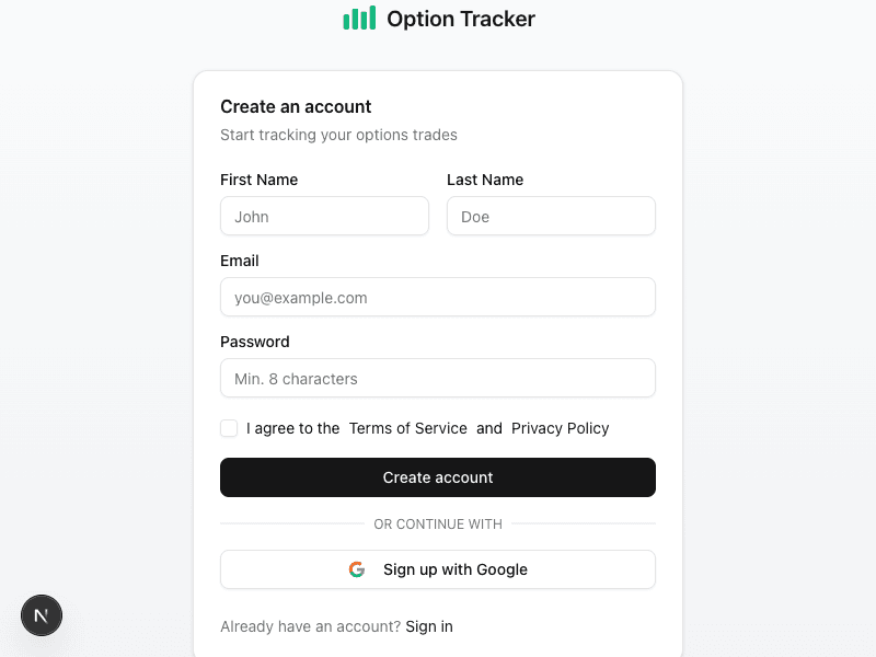 Sign up page with email and Google sign-in options
