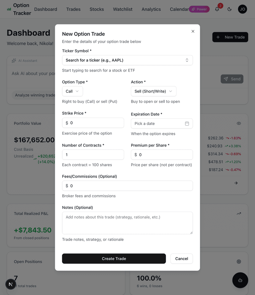 New Option Trade form with ticker search, option type, strike price, and premium fields