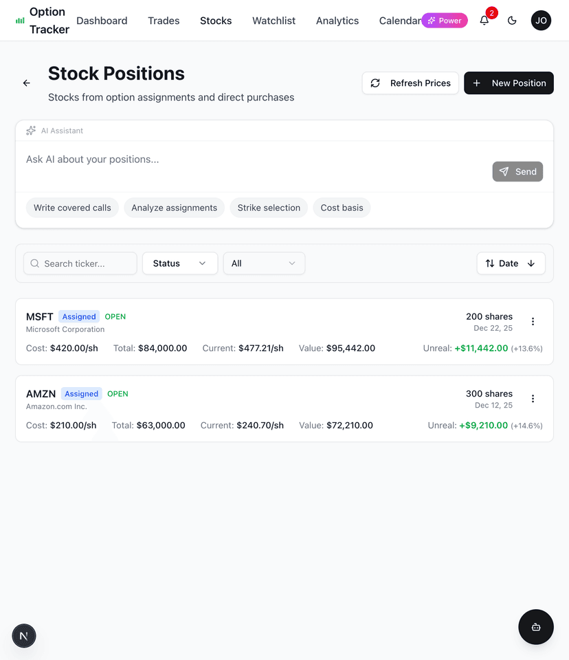 Stock Positions page showing MSFT and AMZN positions from option assignments
