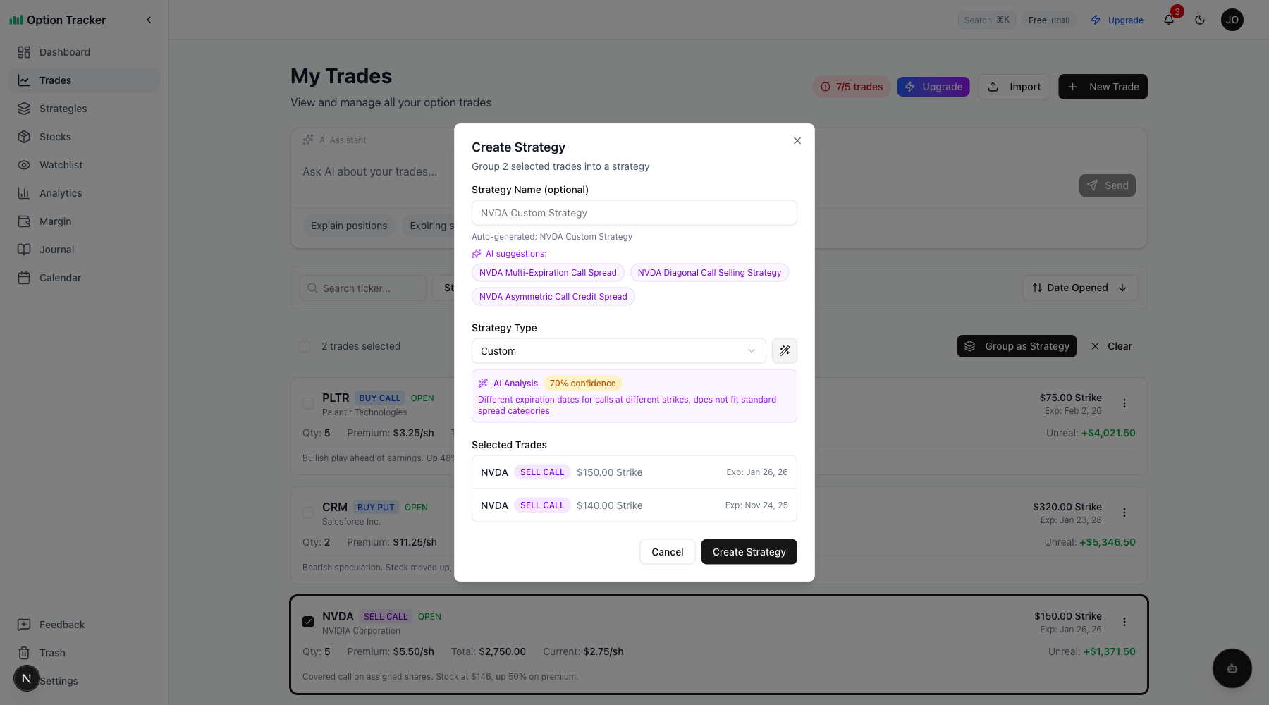 AI strategy suggestions with name chips and confidence score