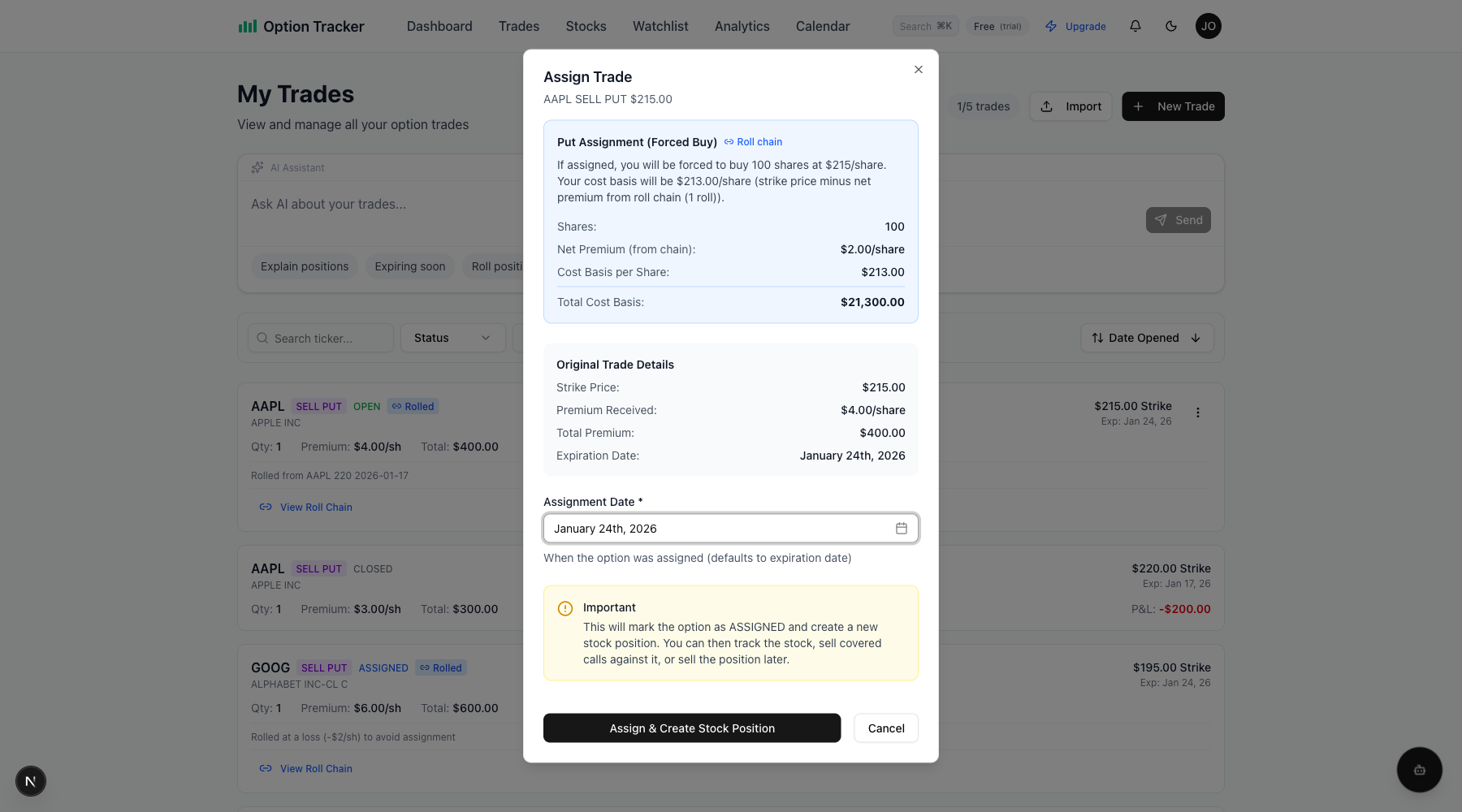 Assign Rolled Trade Dialog