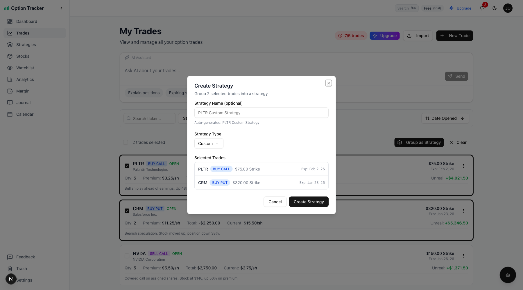 Group Trades Dialog with auto-detected strategy type