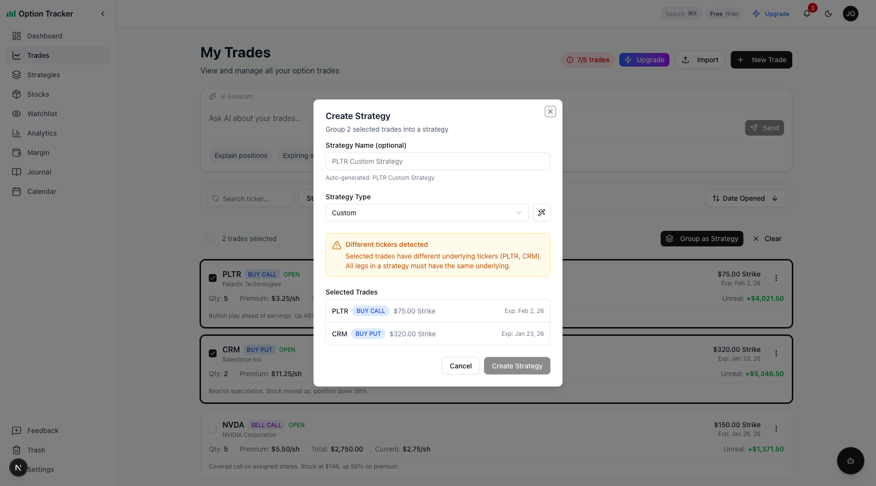 Ticker mismatch warning when grouping trades