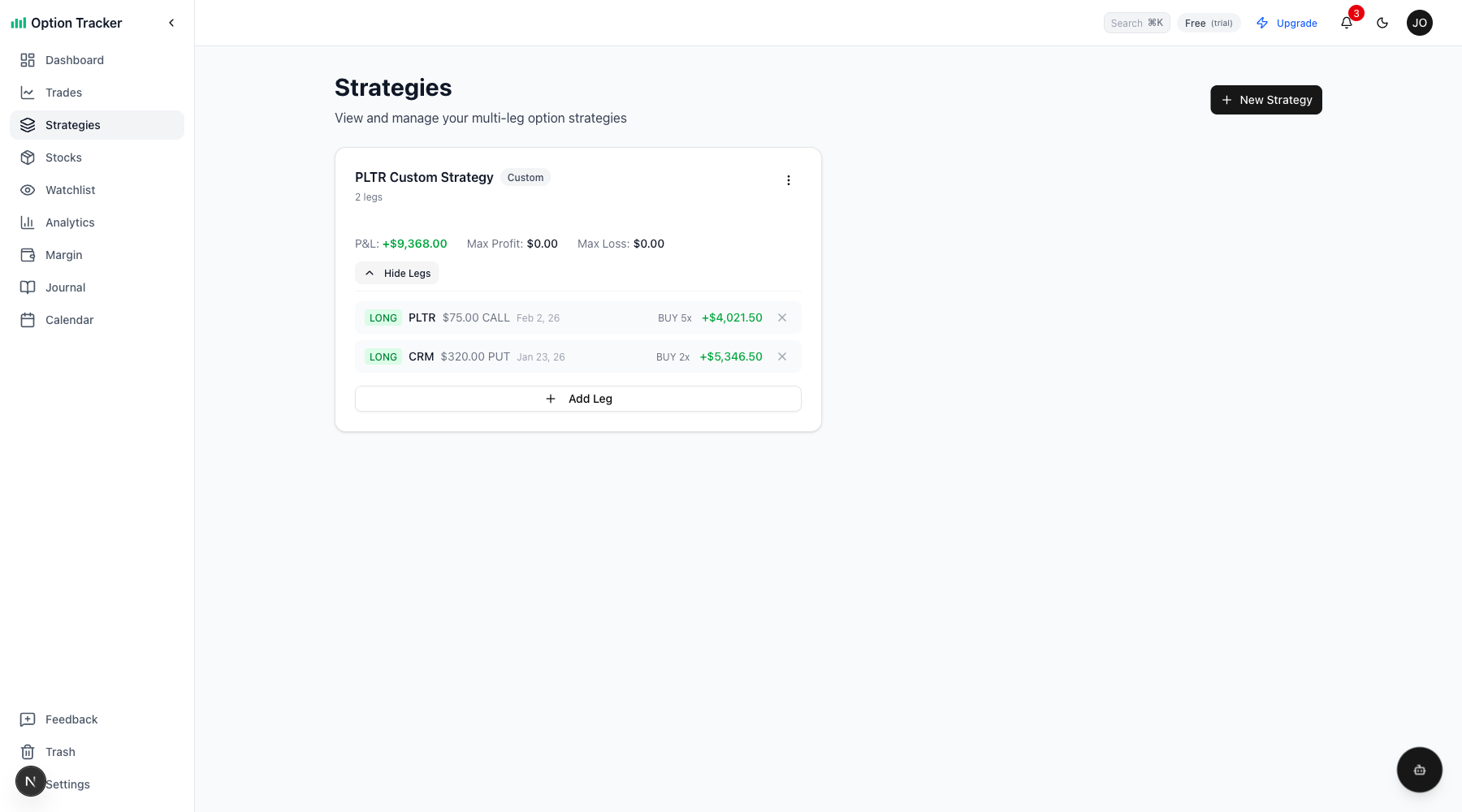 Strategy card expanded showing leg breakdown