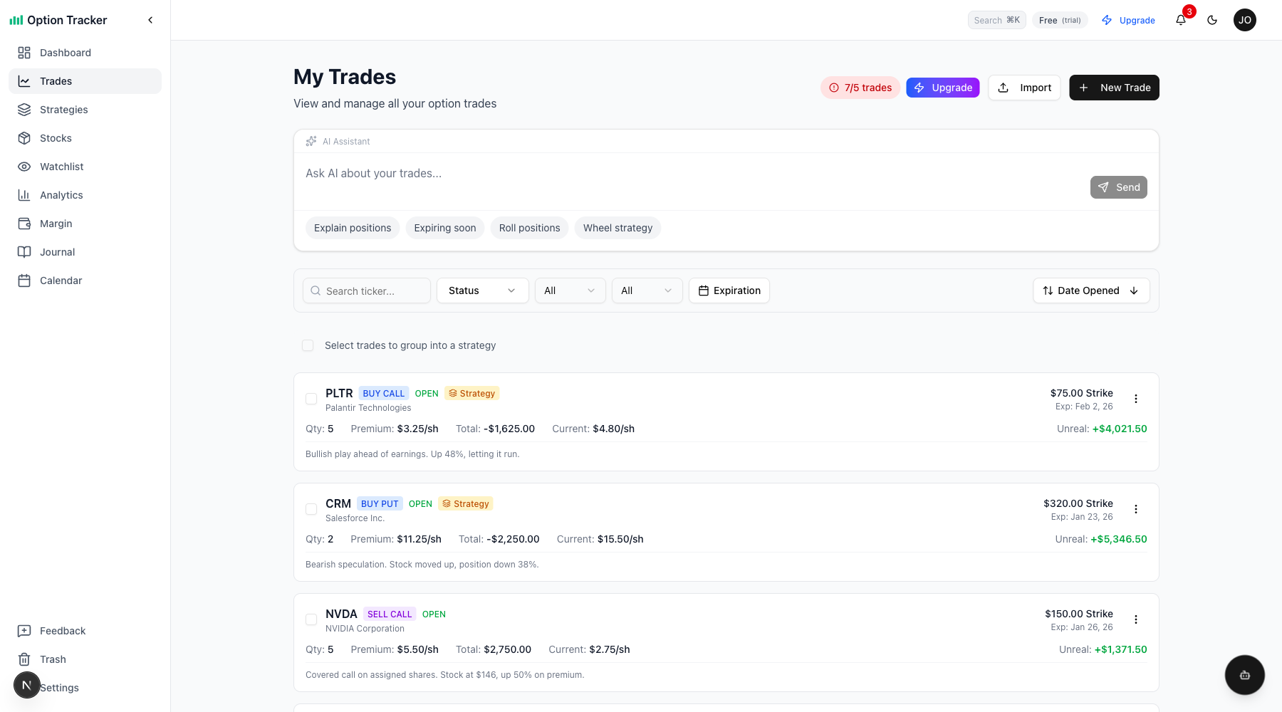 Strategy indicator badges on trades