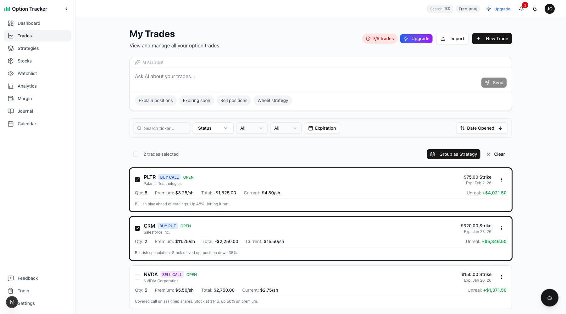Selecting trades to group into a strategy